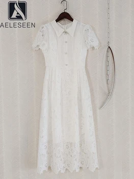 Женское Весенне-летнее Белое платье AELESEEN, звезды подиумной моды, Бриллианты, Цветочная вышивка, пуговица, Элегантная длинная вечеринка, отпуск
