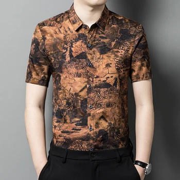 Мужские рубашки в китайском стиле с винтажным повседневным принтом, летние шелка и атласы с короткими рукавами, гладкие роскошные Camisa Masculina