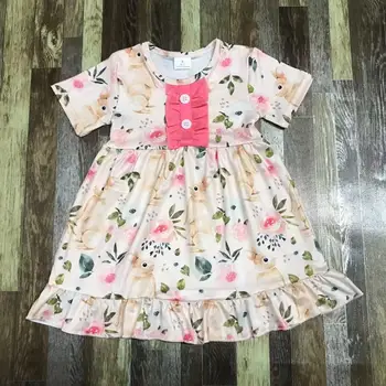 Детский бутик Пасхальный кролик с цветочным принтом, розовое кружевное платье на пуговицах для девочек с коротким рукавом 11