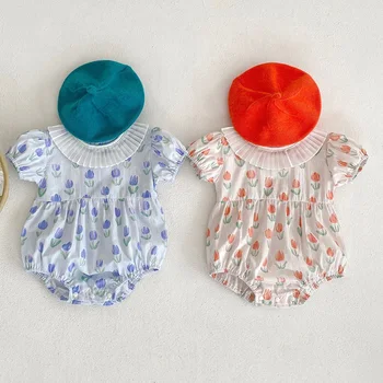 Летние Боди для новорожденных девочек, хлопковый комбинезон с короткими рукавами и цветочным принтом для маленьких девочек, одежда для маленьких девочек 0-24 м