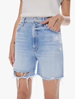 Женские джинсовые шорты с дырочками и потрепанной отделкой 2022 Летние женские прямые повседневные свободные короткие брюки с высокой талией, джинсы