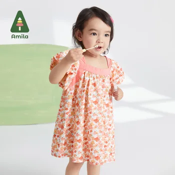 Amila/ платье для маленьких девочек, Новинка лета 2023, 100% Хлопок, милые платья с цветочным узором, повседневные дышащие платья с квадратным вырезом и рукавом-фонариком от 0 до 6 ЛЕТ