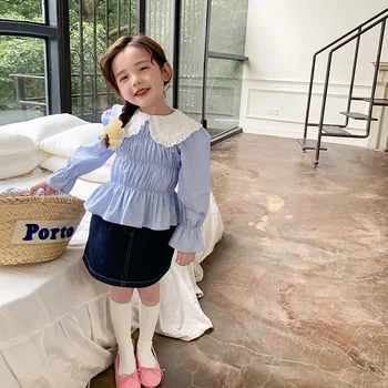 Детская одежда Топ-рубашка для девочек с кукольным воротником, лоскутная блузка 2023, Весна-лето, Корейский стиль, Облегающий повседневный топ для девочек