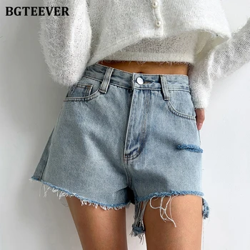 BGTEEVER Высокая мода талии карманы рваные дыры джинсовые шорты для женщин весна лето свободные кнопки женские широкие брюки джинсы шорты