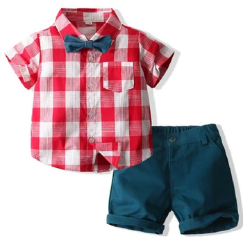 Комплект летней детской одежды из 2 предметов для маленьких мальчиков, Корейская клетчатая повседневная хлопковая футболка с коротким рукавом + шорты, детская одежда BC437
