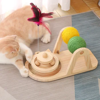 Поворотный стол из цельного дерева, игрушка для кошек с двойным шариком из сизаля, забавная и бесшовная шлифовка когтей