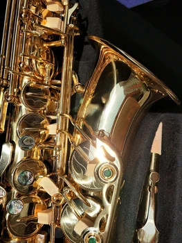 Высококачественный 992 Ми-бемоль, покрытый лаком из золотой латуни, клавиши abalone, инструмент для альт-саксофона с двойным ребром жесткости и футляром