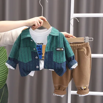 Детская дизайнерская Корейская одежда для мальчиков от 1 до 2 лет, джинсовые пальто в вертикальную полоску + Белые футболки + брюки, одежда для мальчиков для малышей