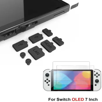 Для Nintendo Switch OLED 7 Дюймов 2 Упаковки Закаленного Стекла 9H HD Защитная Пленка Для Экрана С 8 в 1 Пылезащитной крышкой Сетчатый Фильтр Пробка Для Гнезда