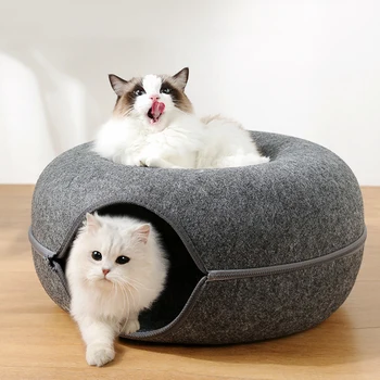 Круглая кровать-пончик для кошек с застежкой-молнией Корзина для Кошачьего домика Из натурального войлока Кроличье Пещерное гнездо Забавная Интерактивная Игрушка-туннель для домашних животных Аксессуары для кошек