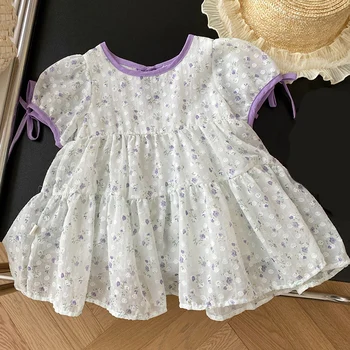 Летние детские платья 2023 года, платье принцессы с пышными рукавами и цветочным рисунком, одежда для новорожденных, одежда для девочек