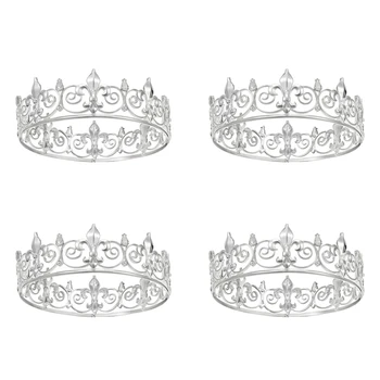 4X Royal King Crown Для Мужчин - Металлические Короны И Диадемы Для Принцев, Круглые Шляпы Для Празднования Дня рождения (Серебро)
