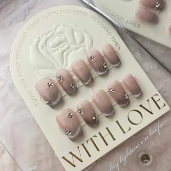 Розовые накладные ногти ручной работы, короткий Корейский дизайн 