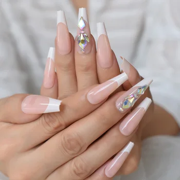 Розовый френч с натуральным напылением на ногти Длинные Белые кончики Gem 3D Crystal Gem Глянцевые накладные ногти в стиле арт-деко 24шт