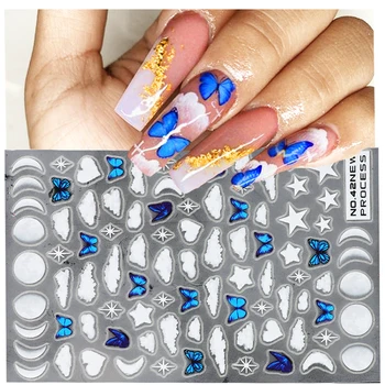 Синие наклейки для ногтей с бабочками Цветы Самоклеящиеся Переводные Слайдеры Обертывания Элегантная Наклейка в стиле Рождественского Маникюра GLNO