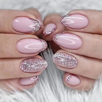 24шт французских розовых накладных ногтей Нажимайте на короткие Круглые Миндальные искусственные ногти Пригодные для носки Поддельные блестящие ногти Флэш-пудра для ногтей
