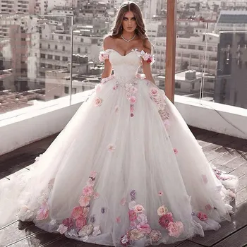 Великолепное Бальное Платье Принцессы С Открытыми Плечами, 3D Цветочное Свадебное Платье С Цветочным Рисунком, Шлейф, Большие Размеры, Vestidos De Novia 2023