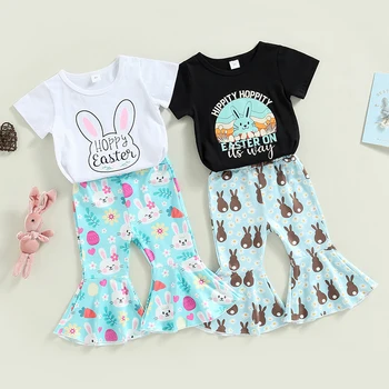 FOCUSNORM/ Комплекты летней одежды для пасхальных детей от 0 до 4 лет для девочек, 2 шт., футболка с короткими рукавами и принтом кролика, эластичные повседневные брюки-клеш, одежда