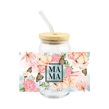 Mama UV DTF Transfer, Розовые цветы, Дизайн бабочки, Стеклянные банки, Наклейка на заказ, Женская мода, Водонепроницаемая кофейная чашка 