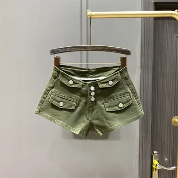 Армейские зеленые сексуальные однобортные горячие брюки для женщин, джинсовые шорты, Супер короткие горячие брюки для дискотеки в ночном клубе, Отдых на море 2023