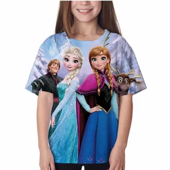 2023 Летняя Детская футболка Принцессы Диснея Эльзы, Кавайная футболка с рисунком Аниме, Повседневная одежда с круглым вырезом для девочек, Футболка