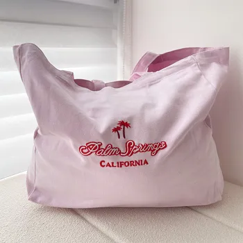 Палм-Спрингс Калифорния, Женские вышитые сумки через плечо в винтажном стиле 80-х 90-х, уличная мода, Многоразовые Холщовые Розовые сумки для покупок