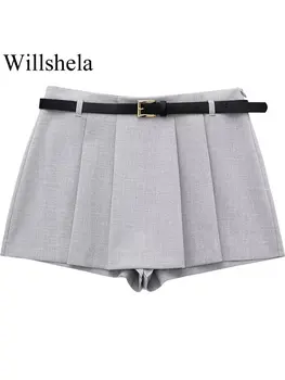 Willshela Женская мода с поясом, Серые Однотонные плиссированные юбки на молнии сбоку, шорты, винтажные шикарные женские шорты с высокой талией