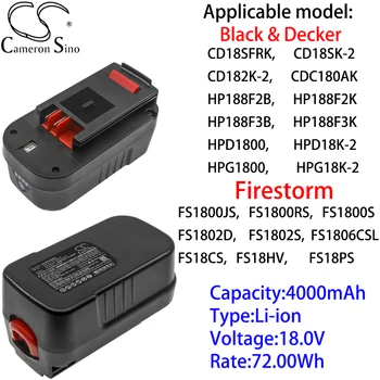 Литий-ионный аккумулятор Cameron Sino 4000 мАч 18,0 В для Firestorm FS18CS, FS18HV, FS18ID, FS18PS, FS18PSK, FS18RS, FS18, FS1800