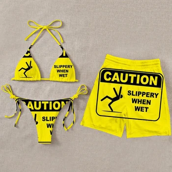 Осторожно, Скользкие при намокании Летние мужские шорты с 3D принтом по всему телу, женские бикини, пляжные шорты в тон паре 02