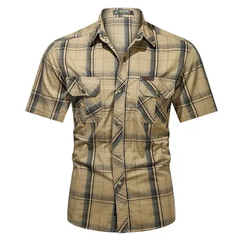 Летняя Новая клетчатая рубашка, мужская хлопковая повседневная короткая футболка 2023, Накладной нагрудный карман, Высококачественная Мужская одежда, рубашки в стиле милитари
