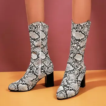 2020 г., женские ботинки из искусственной кожи с принтом змеиной кожи на высоком массивном каблуке, женские ботинки до середины икры на молнии, большие размеры 45, 46, 47, 48, женская обувь