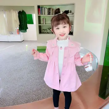 Милая куртка-тренч для малышей, новая однотонная верхняя одежда в корейском стиле с длинными рукавами, весенне-осеннее модное пальто для девочек от 2 до 10 лет