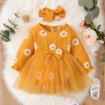 Платье-комбинезон для новорожденных девочек, тюлевое боди с цветочным принтом, желтое весенне-осеннее платье с повязкой на голову, одежда