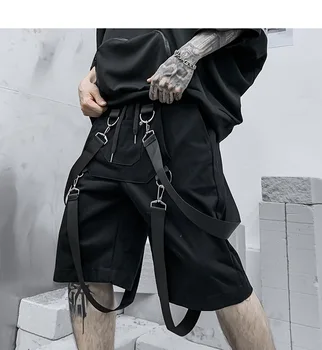 Шорты-карго с лентами, мужские шорты длиной до колен в стиле панк-хип-хоп со множеством карманов, повседневные короткие брюки, уличная одежда для мужчин
