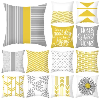 Желто-серая геометрическая наволочка с буквенным рисунком в полоску, декоративная подушка, наволочка из полиэстера в скандинавском стиле