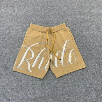 Весна Лето 2023, шорты из плотной ткани Rhude, Мужские, женские, 1:1, высококачественные Жаккардовые Бриджи с логотипом, Шорты на шнурке