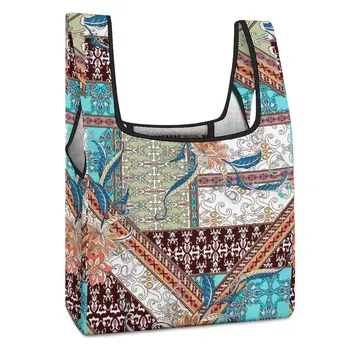 Тотализатор с цветными вставками, маленькая сумка для покупок, экзотический этнический стиль, большая хозяйственная сумка, повседневная женская сумка для бакалеи с двойным ремешком