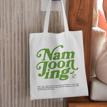 Намджонинг Напечатал черный холст зеленым шрифтом, повседневную большую сумку, женскую экологическую сумку для покупок, сумку большой емкости, которую можно стирать.