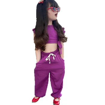 Фиолетовый комплект летней одежды для маленьких девочек, жилет с оборками на рукавах для девочек + спортивные штаны, спортивный костюм из 2 предметов, повседневная детская одежда